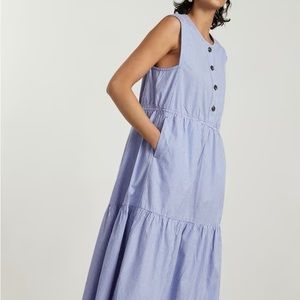 NWT Everlane The Tiered Midi Dress in Blue and White Vertical Stripe Size Small